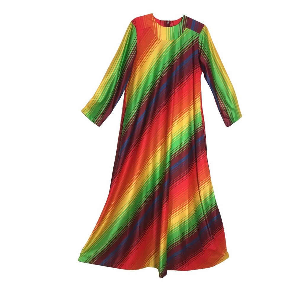 Vintage Deadstock 60s 70s Maxi Dress Rainbow Stripes MOD Kaftan USA